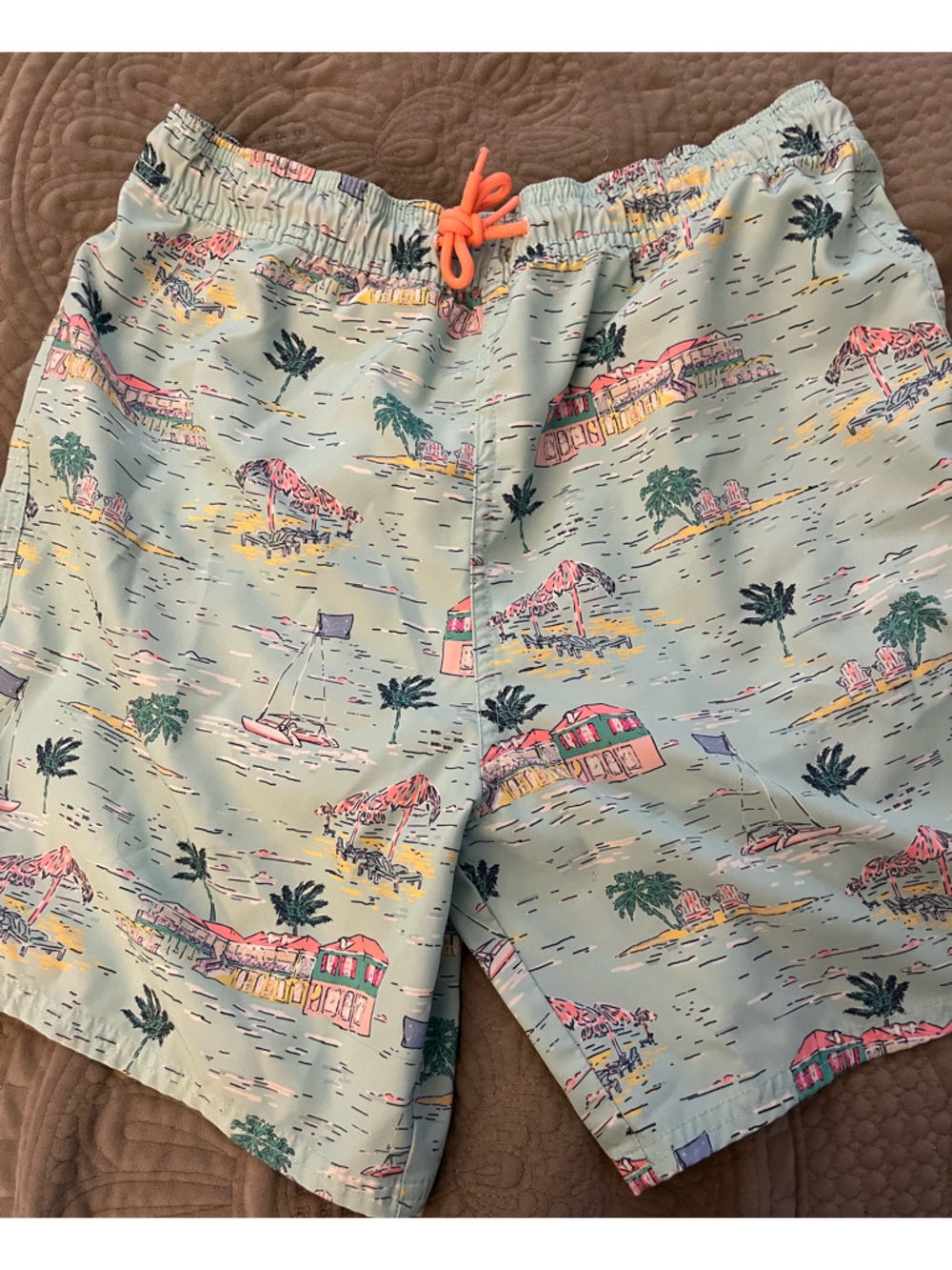 Vineyard Vines Kids Light Aqua Tropical Print Swim Trunks with Coral Drawstring